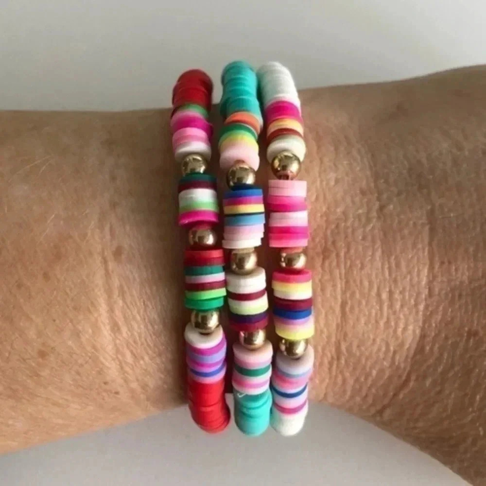 3 for $25/ Red Aqua White 3 Rubber Disc Stretch Bracelets NWT